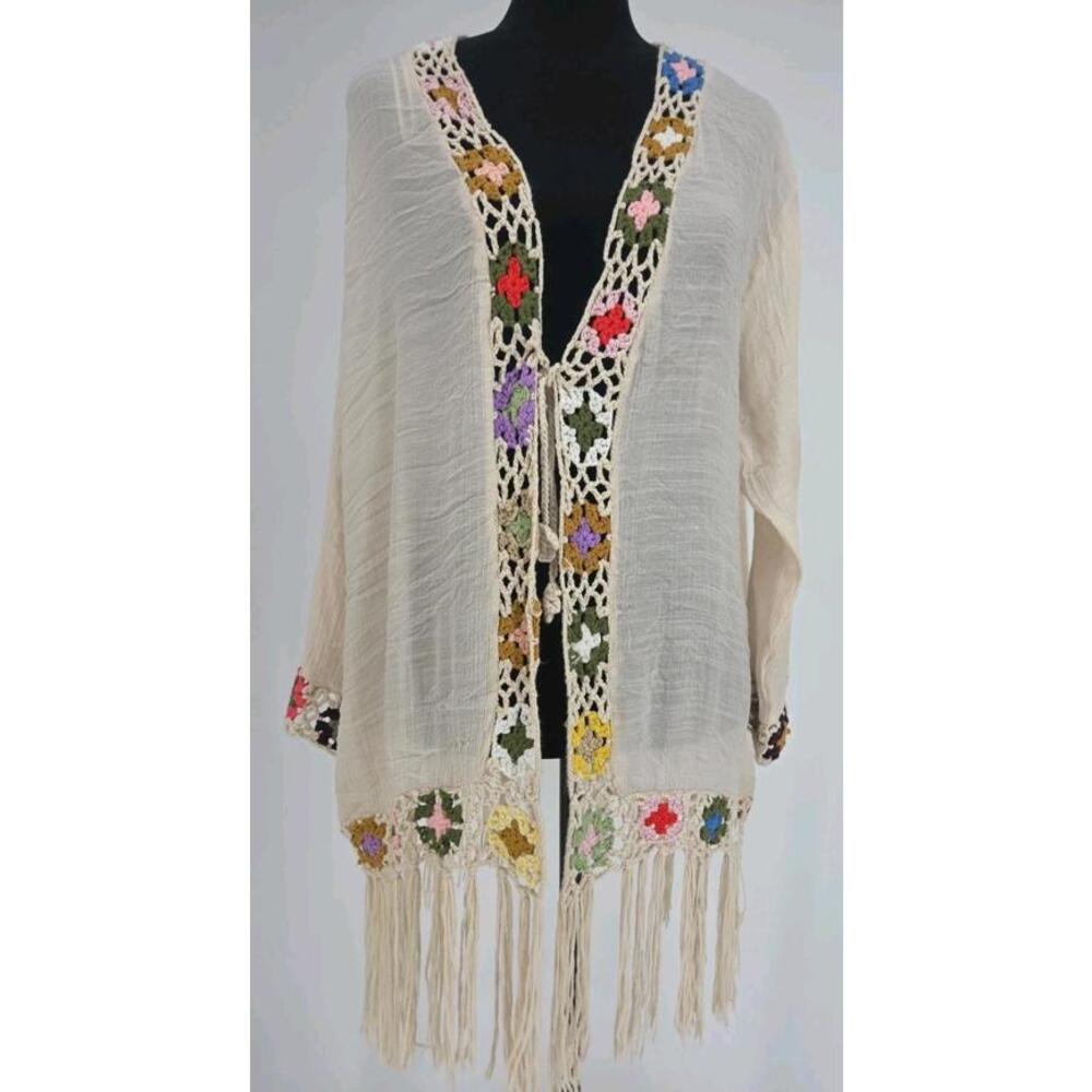 Anthropologie Kindred‎ Women's Kimono 1X Beige Cardigan Boho Fringe